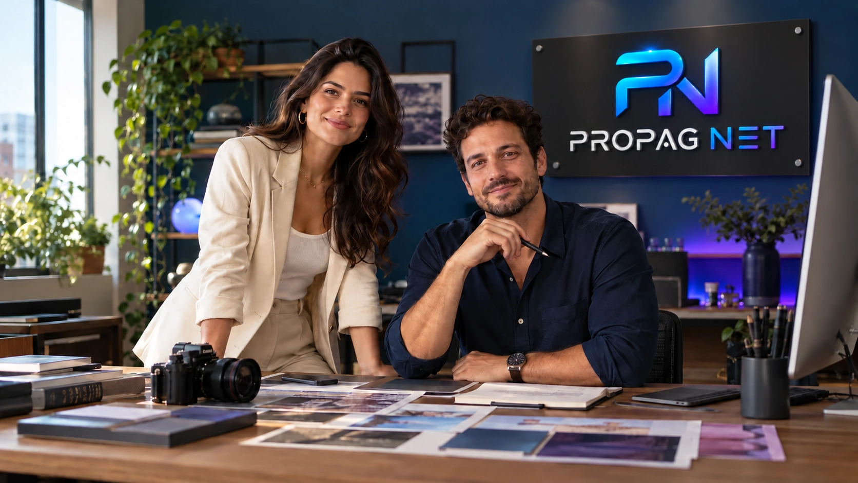 Profissionais no estúdio com a identidade da Propag Net