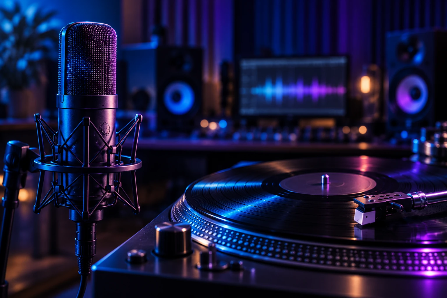 Microfono de estudio y disco de vinilo bajo iluminación azul y violeta
